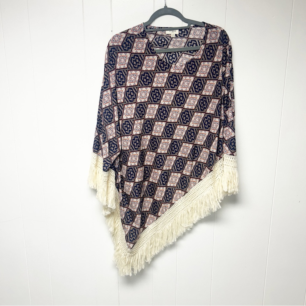 Umgee Navy and Orange Geometric Fringe Poncho Small